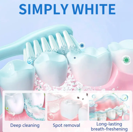 Whitening powder for teeth brightening from My Store, showing the white, fine powder in a clear container with a scoop.