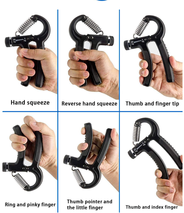PowerGrip Strength Trainer by My Store, close-up of hand gripping the textured handle for hand and grip strength exercise.