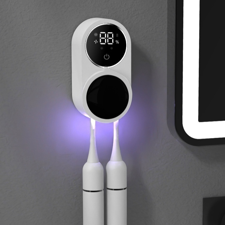 UV toothbrush sanitizer from My Store shown with a sleek white device and a toothbrush inside for germ-free oral hygiene.