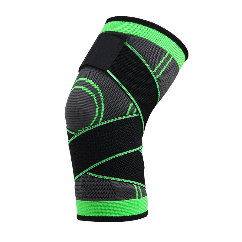 Men's compression knee brace for sports and fitness, shown on a male athlete in athletic wear, providing support and stability during activity.