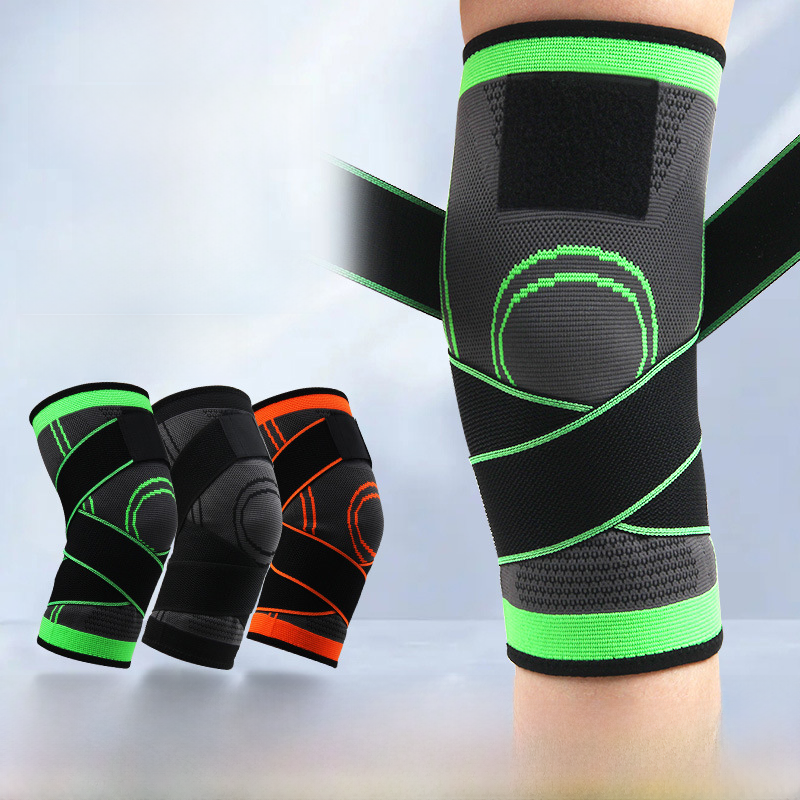 Men's compression knee brace for sports and fitness, shown in black with adjustable straps and supportive design.