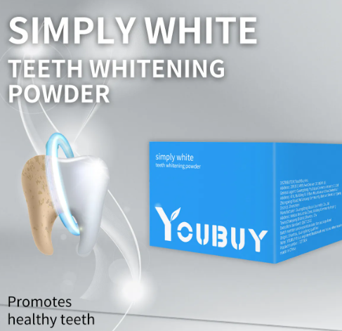White teeth whitening powder in a clear jar with a spoon, showcasing My Store Teeth Whitening Brightening Powder.